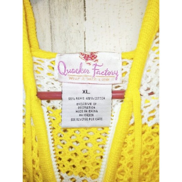 Quacker Factory Womens Cardigan Full Zip Yellow White Stripes Hood Tie Ramie XL - Picture 3 of 5